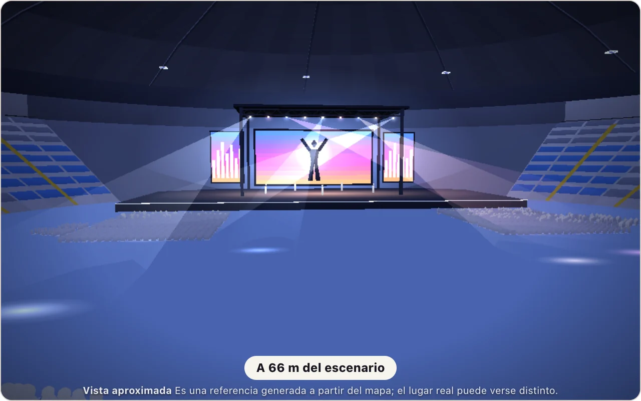 Vista 3D aproximada del escenario desde las gradas del Domo Polideportivo de la zona 13, a 66 m.