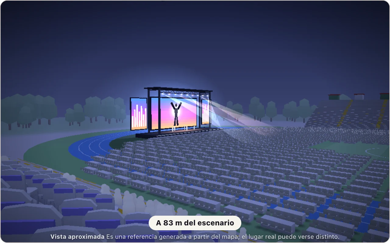 Vista 3D aproximada del escenario desde la Platea del Estadio Cementos Progreso, de noche, a 83 m.